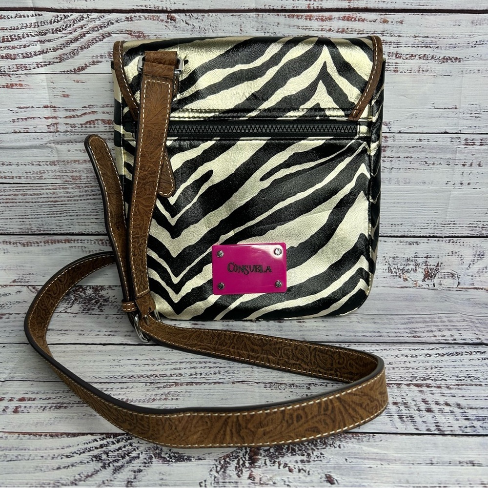 Consuela Zebra Print Crossbody with Brown Strap and Pink Logo Plate